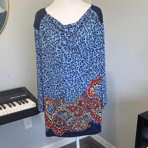 Susan Graver Blue Animal Print top with Red Paisley